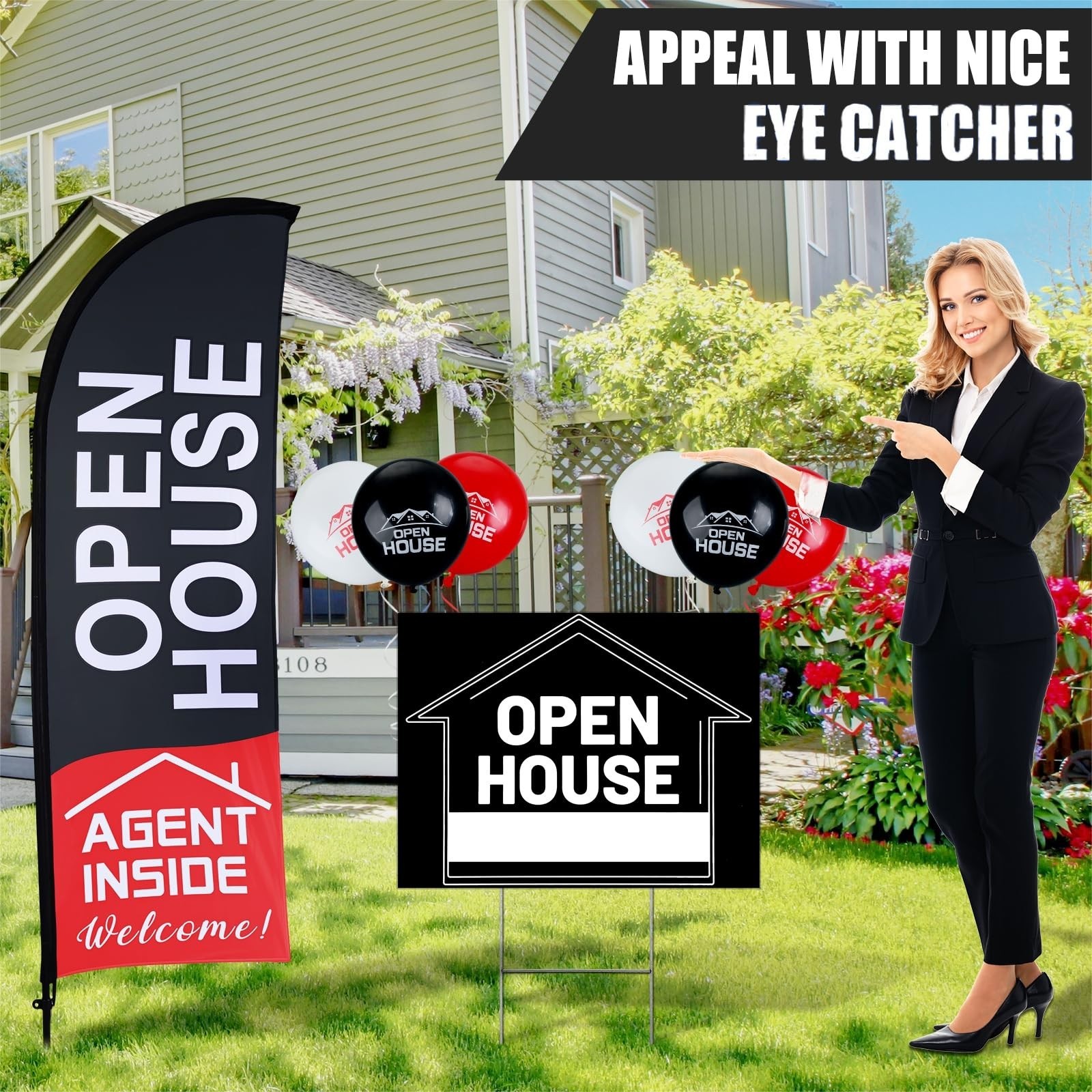 106 Pcs Real Estate Kit – Open House Flags, Directional Signs, Balloons & Stakes
