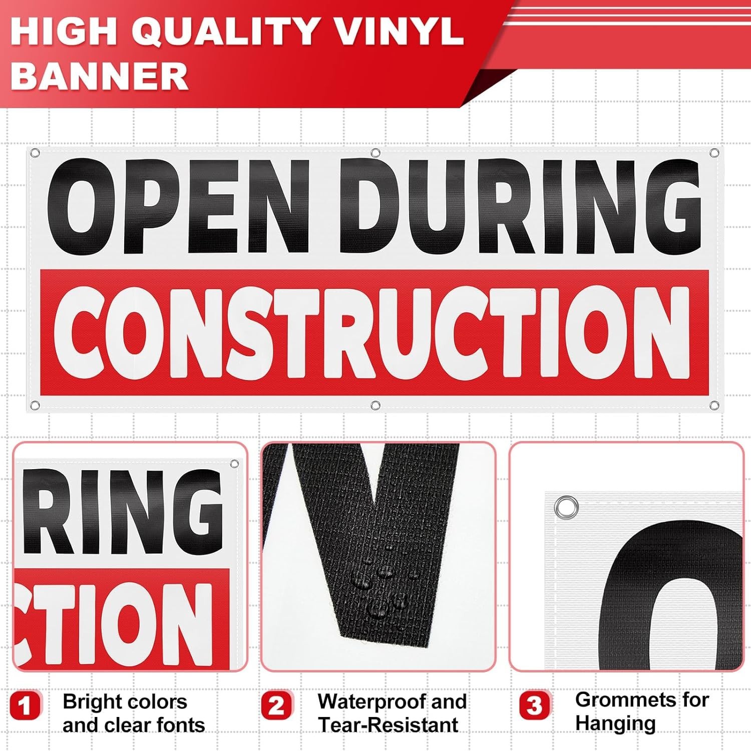 18 x 48 Inches Open During Construction Vinyl Banner Sign for Business Indust…