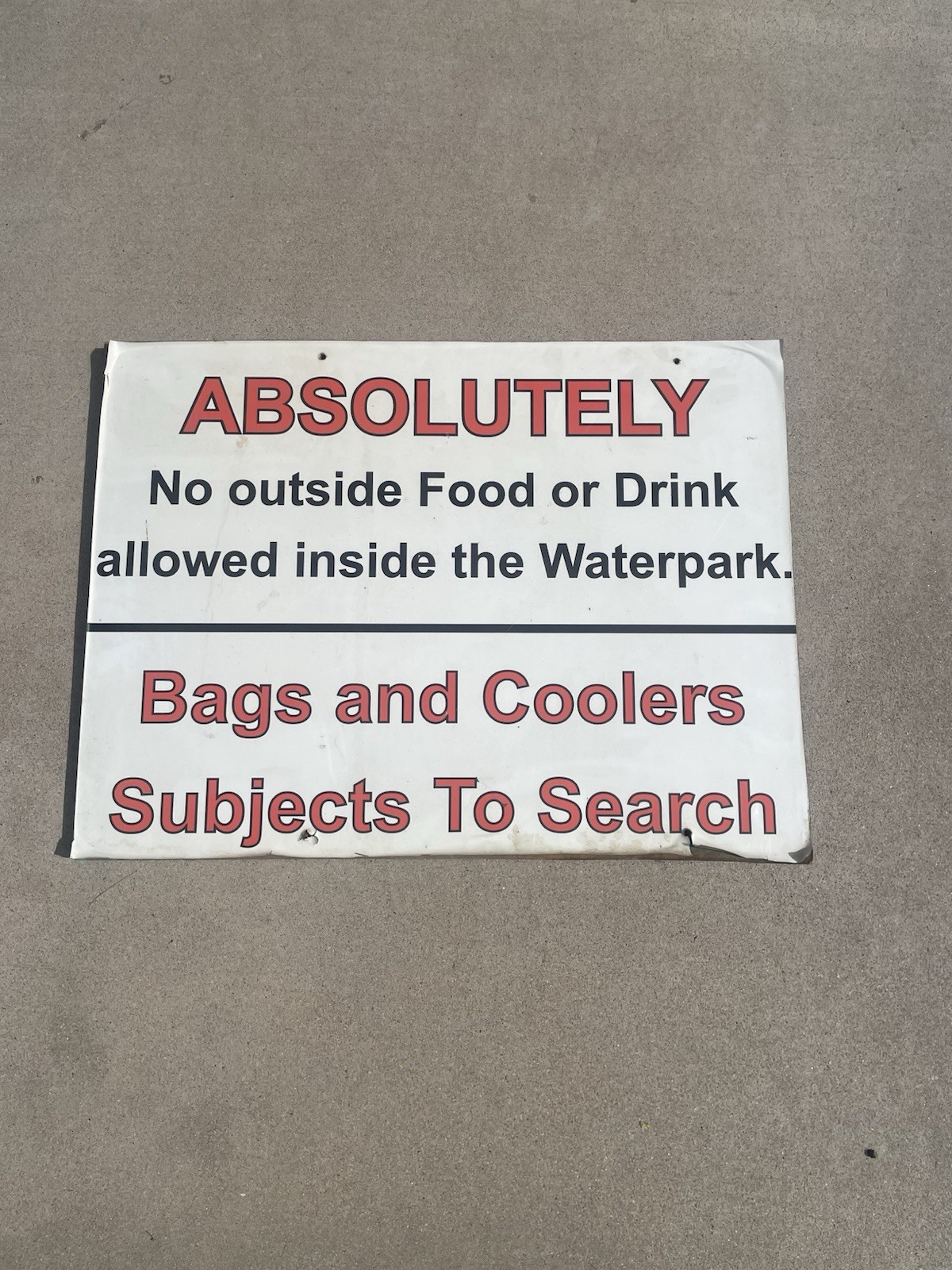 Waterpark Warning & Safety Sign Metal No Outside Food or Drink Includes Hardware