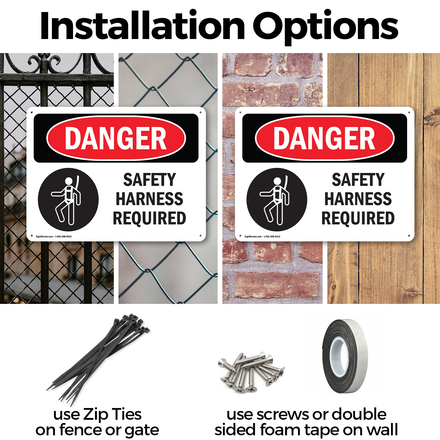 (2 Pack) Safety Harness Required OSHA Danger Sign Decal Metal Plastic