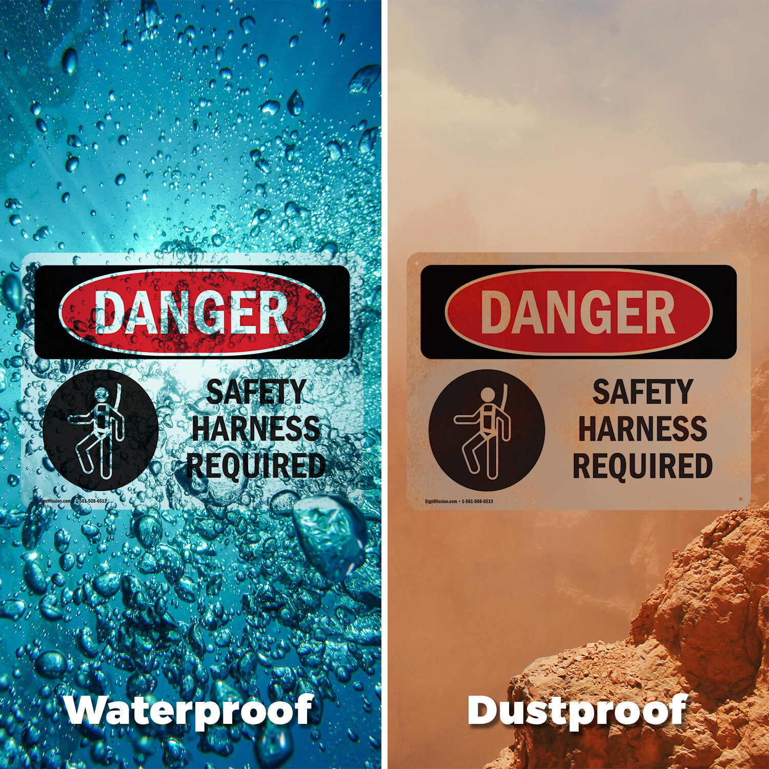 (2 Pack) Safety Harness Required OSHA Danger Sign Decal Metal Plastic
