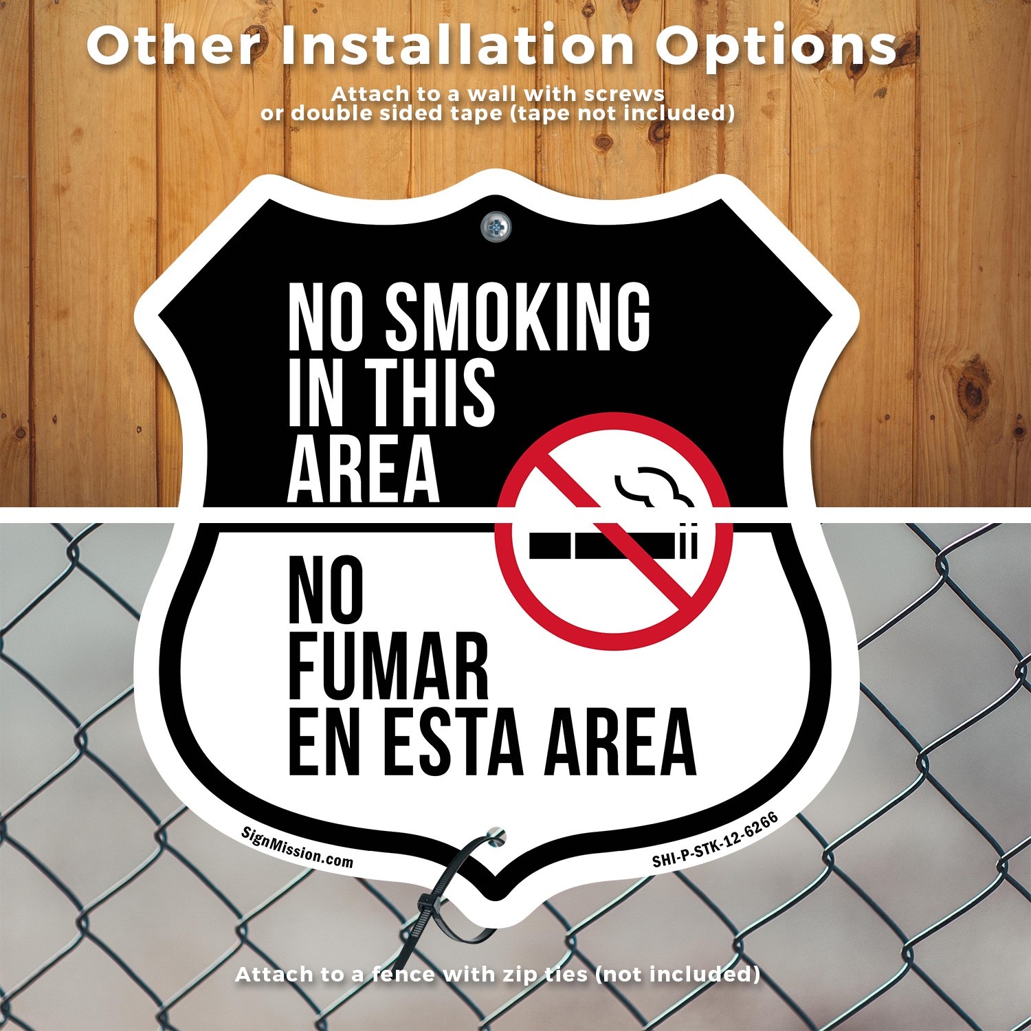 No Smoking In This Area Bilingual English Spanish Shield Shaped Sign With Stake