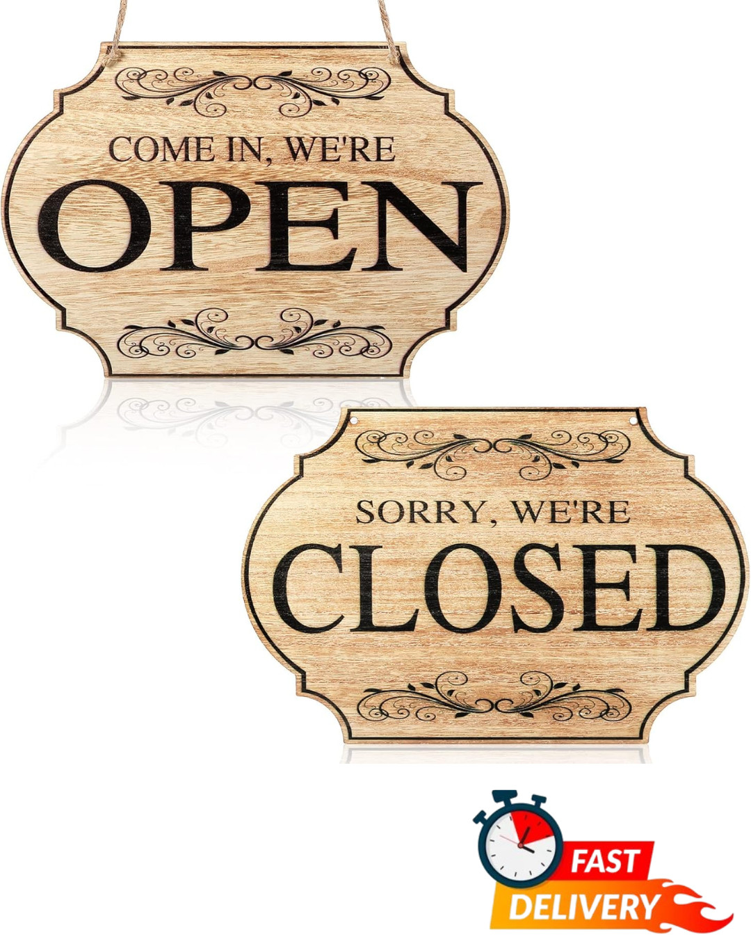 Double Sided Wooden Open Closed Business Sign with Rope for Shop Door Window