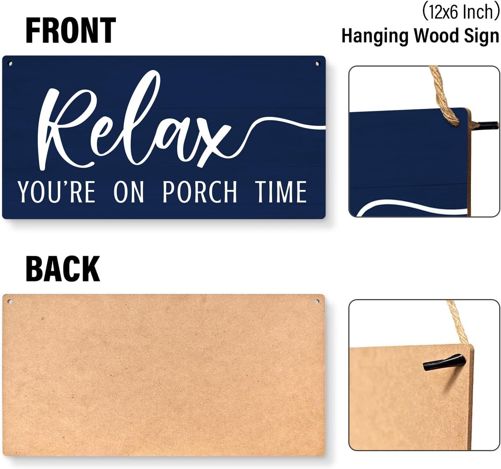 Relax Front Door Sign, Wood Hanging Wall Decor, 12×6 Inch Navy Blue Porch Sign
