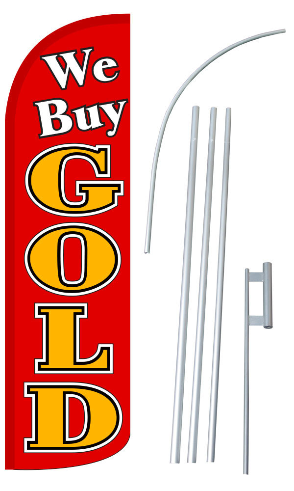 We Buy Gold Red Extra Wide Windless Swooper Flag Bundle