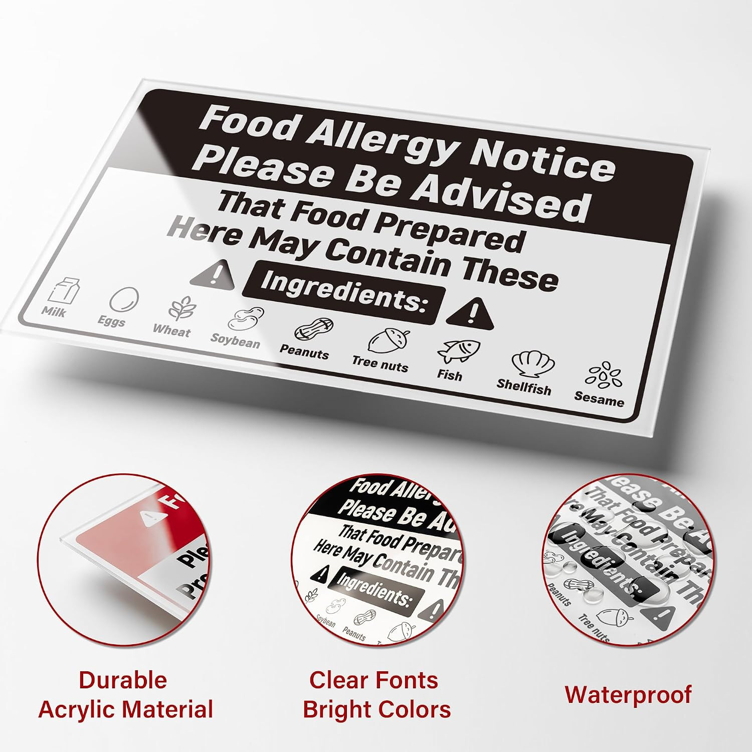 Upgraded Food Allergy Notice Sign, 9 Food Allergens Acrylic Caution Warning Sign