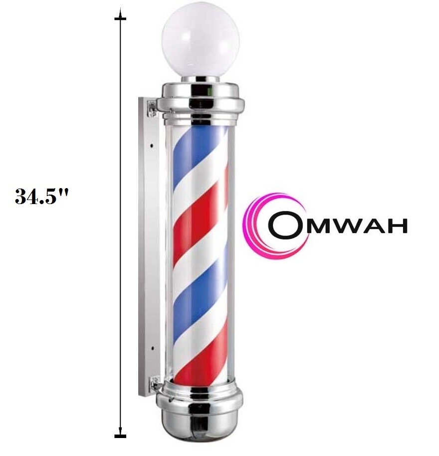 Barber Shop Pole Sign LED Light 34″ Rotating Stripes Hair Salon Wall Mounted