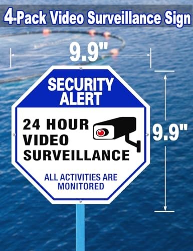 Video surveillance sign, 4-pack security camera signs, reflective