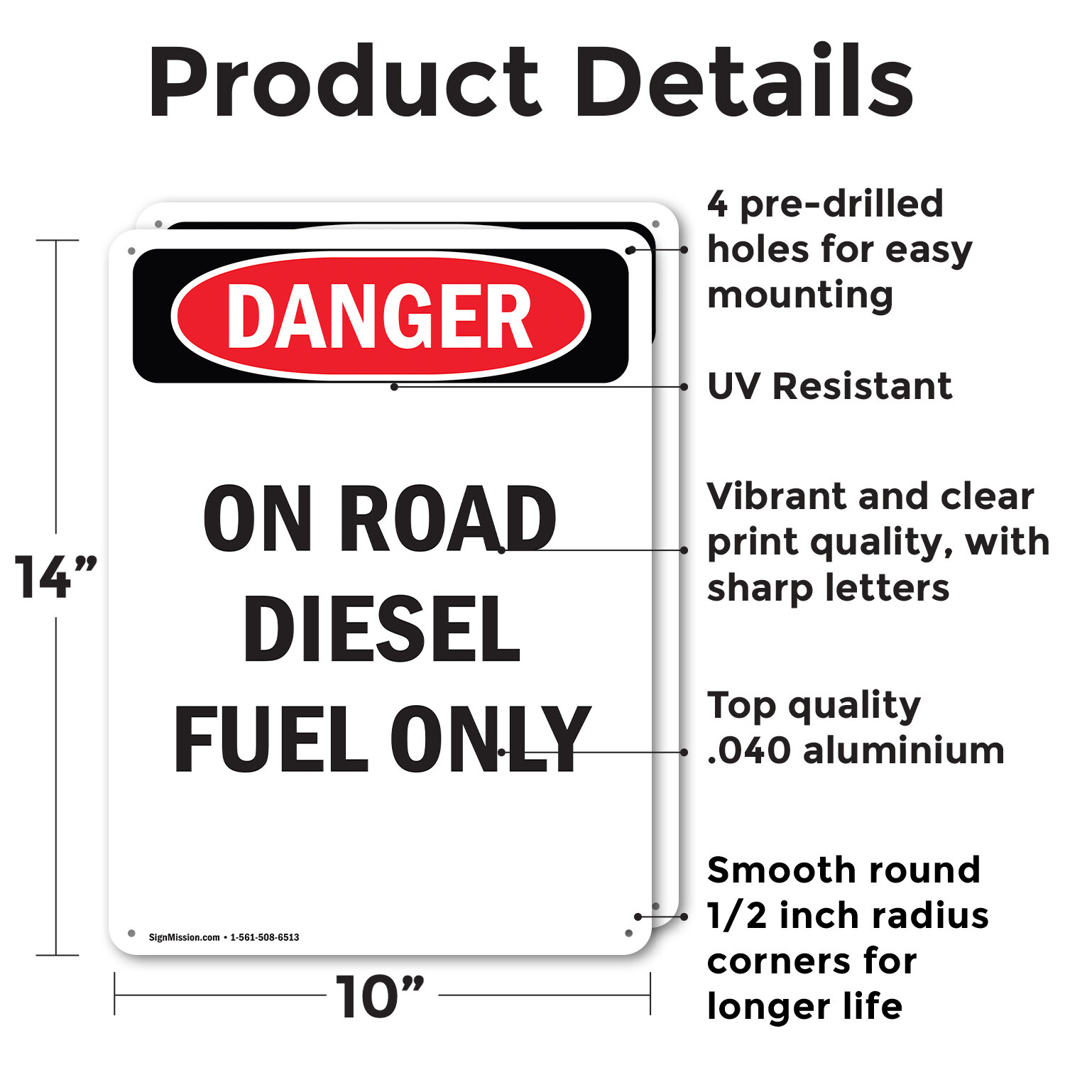 (2 Pack) Portrait On Road Diesel Fuel Only OSHA Danger Sign Decal Metal Plastic