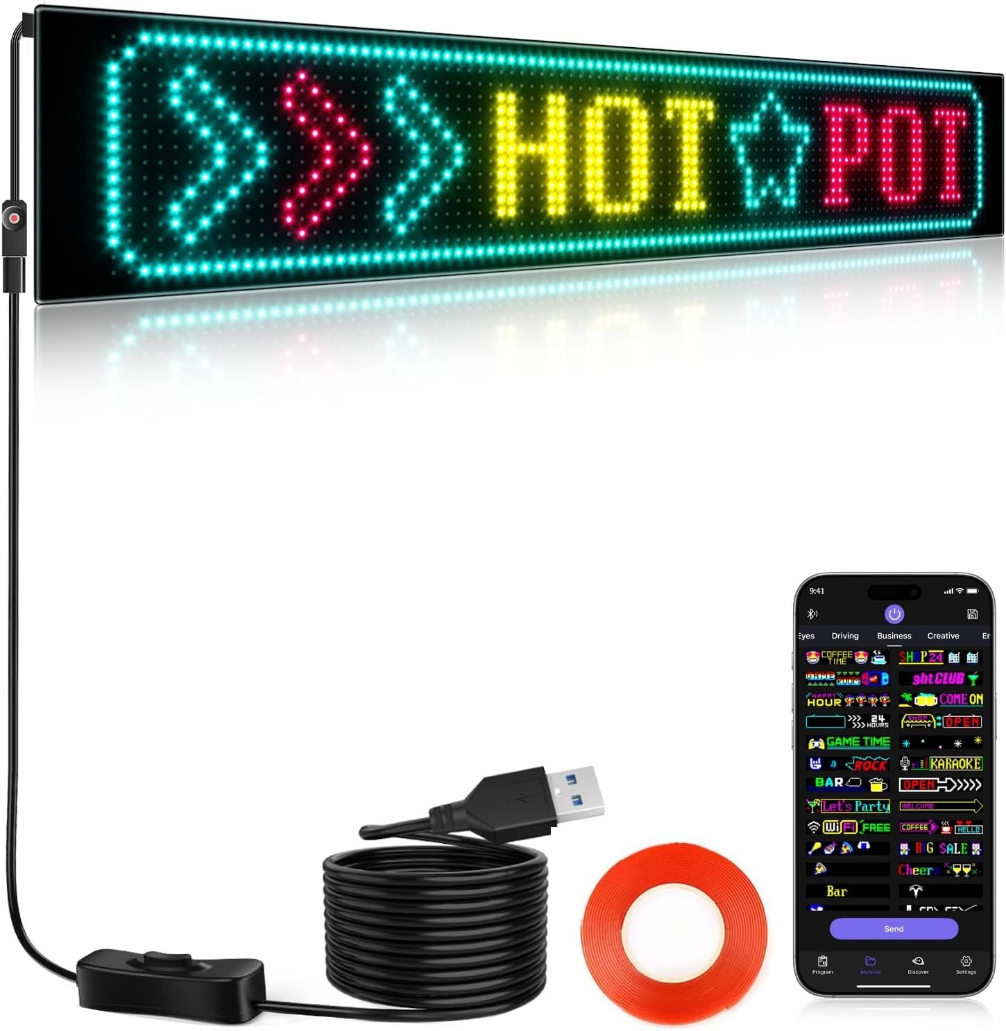Portable LED Sign, Bluetooth App Control, 27″x5″ Display