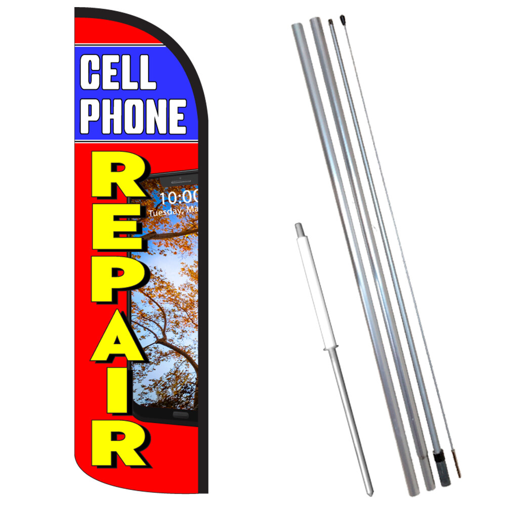 CELL PHONE REPAIR (Blue/Red) Windless Feather Flag Bundle (Complete Kit) OR Opti