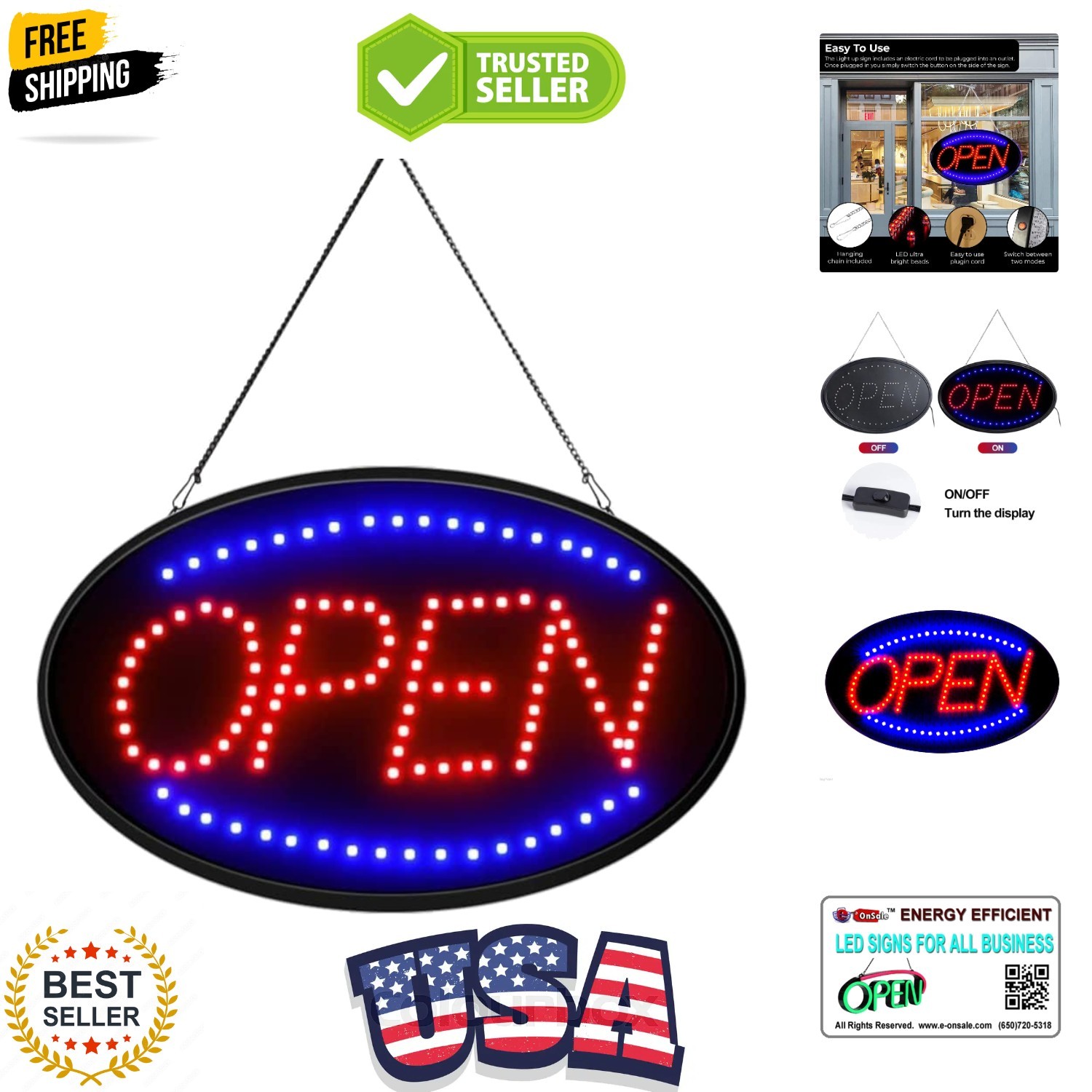 Jumbo 24″ x 13″ LED Neon Sign with Motion – “Open” Red/Blue
