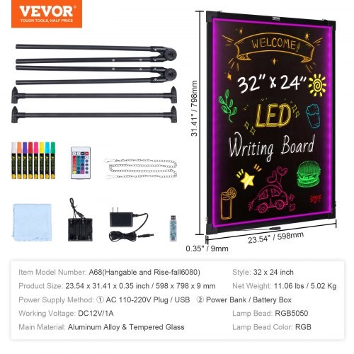 LED Message Writing Board 32″x24″ Illuminated Erasable Lighted Chalkboard