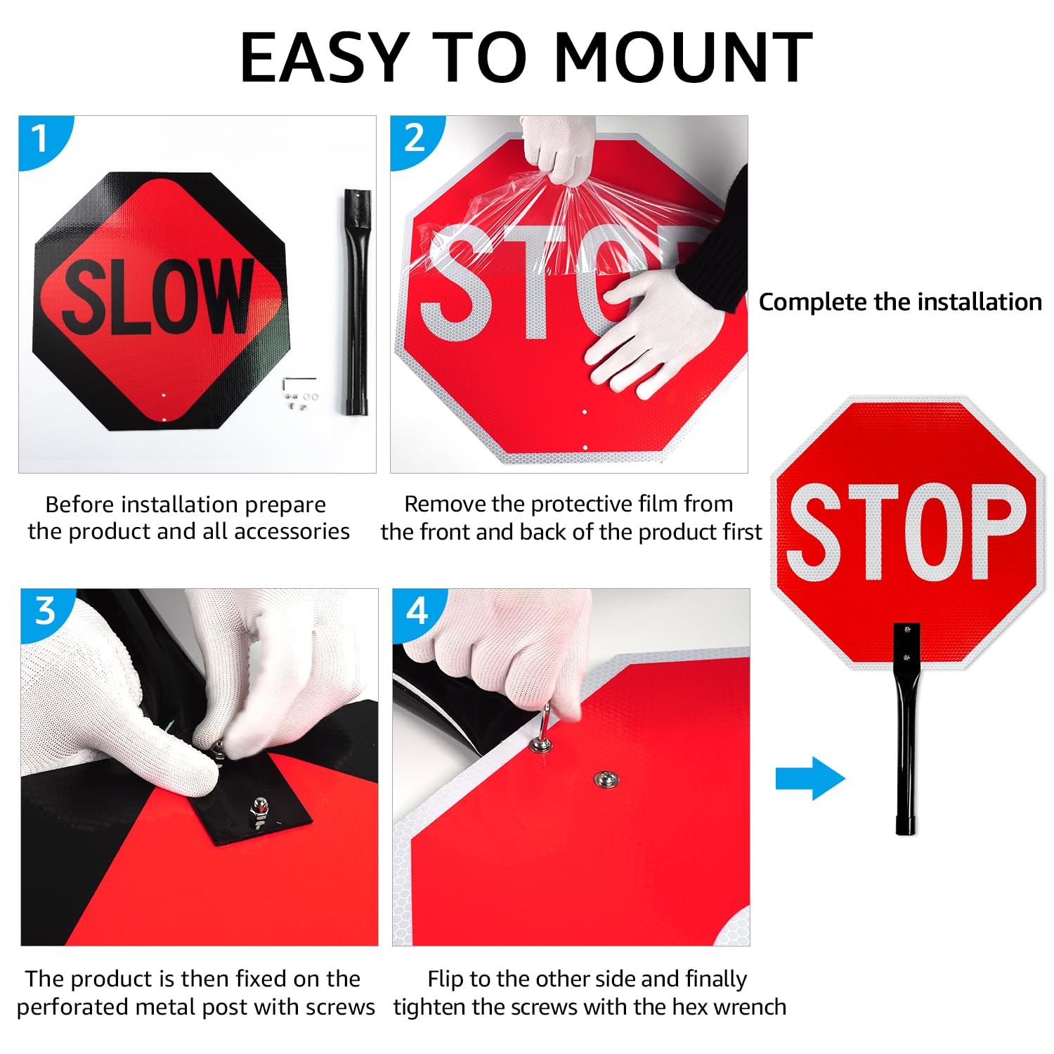Gicnkeuz Stop Slow Sign Metal Handle 18X18 Inches Double Sided Slow/Stop Sign