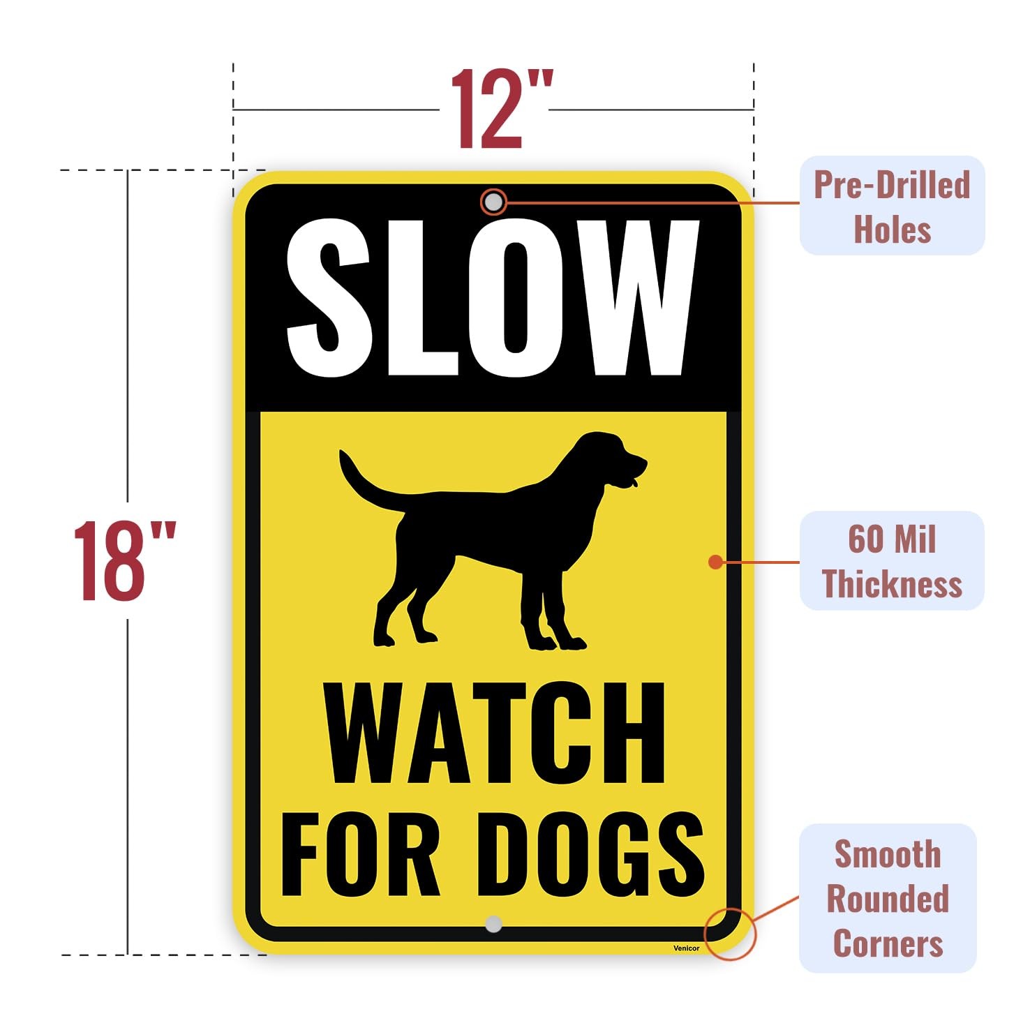 2PC Slow Watch Dogs Sign 18×12 Inches Aluminum Caution Dog Crossing Pets At Play