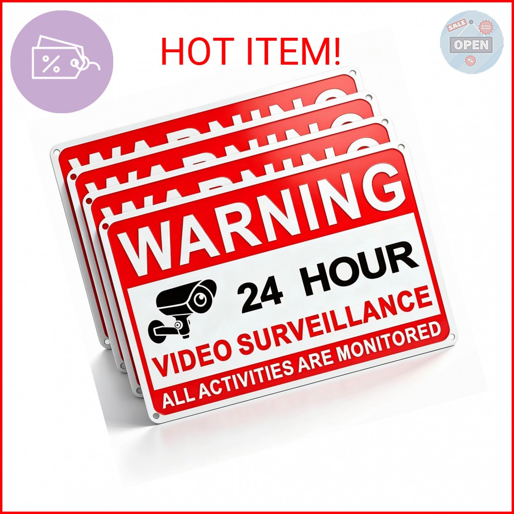 4 Pack Video Surveillance Signs, 24hr Monitoring No Trespassing Camera Sign