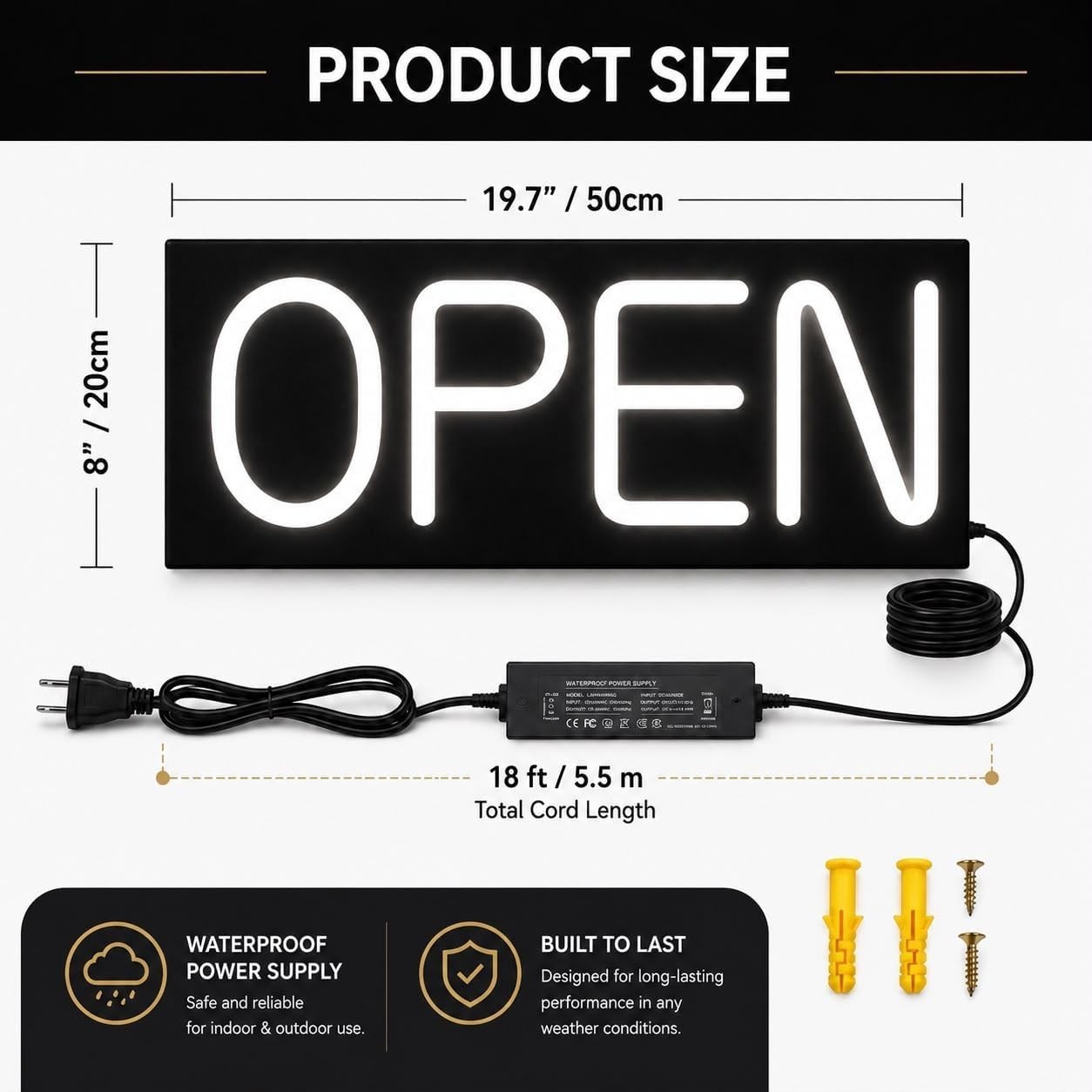 Large Outdoor Waterproof Open Sign Waterproof Power Adapter 19.7”x8”