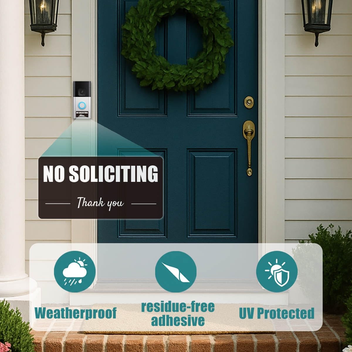 Small No Soliciting Sign for Front Door – Weatherproof No Soliciting Sticker for