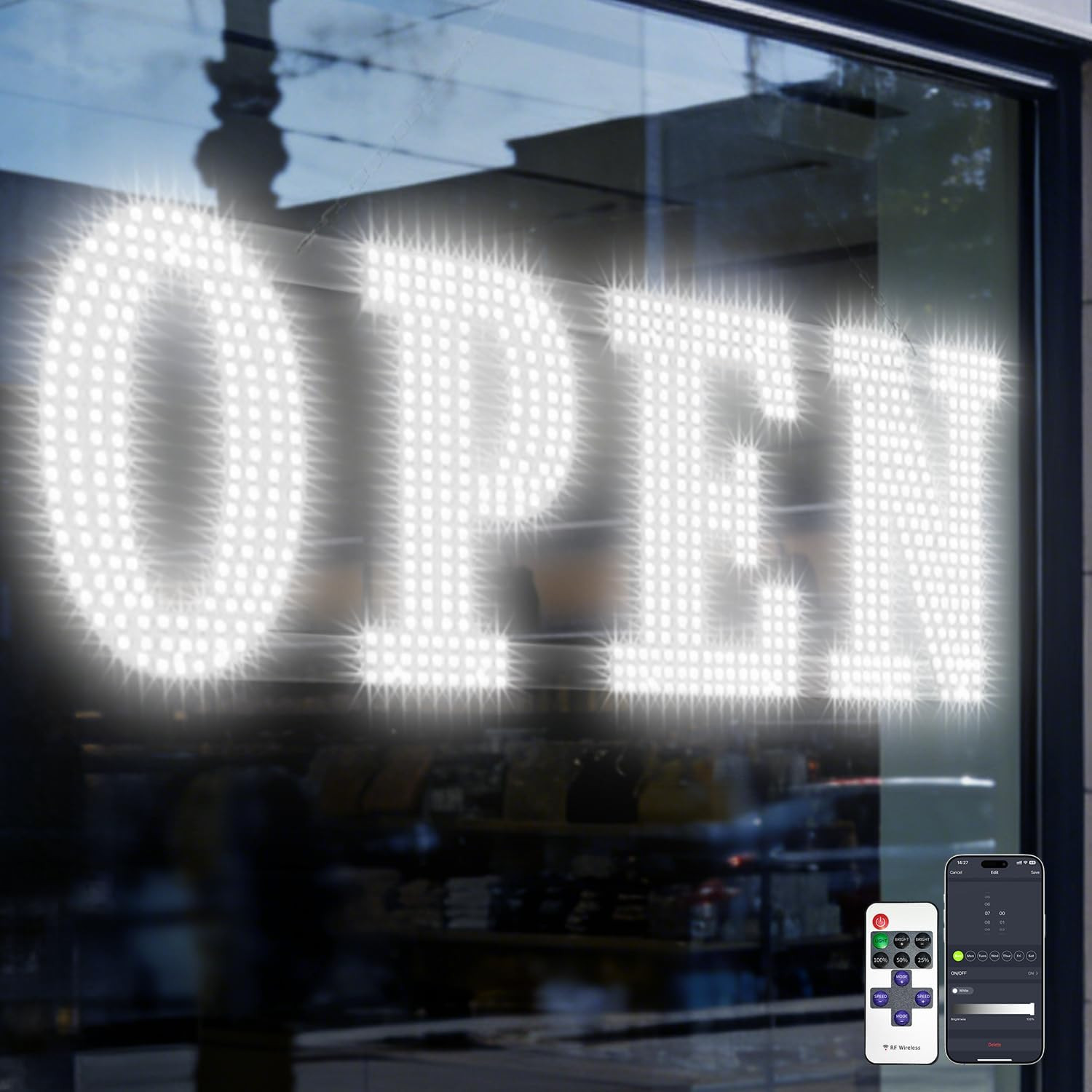 Jumbo 40″x14″ LED Open Sign with Timer & Remote for Storefronts & Cafes