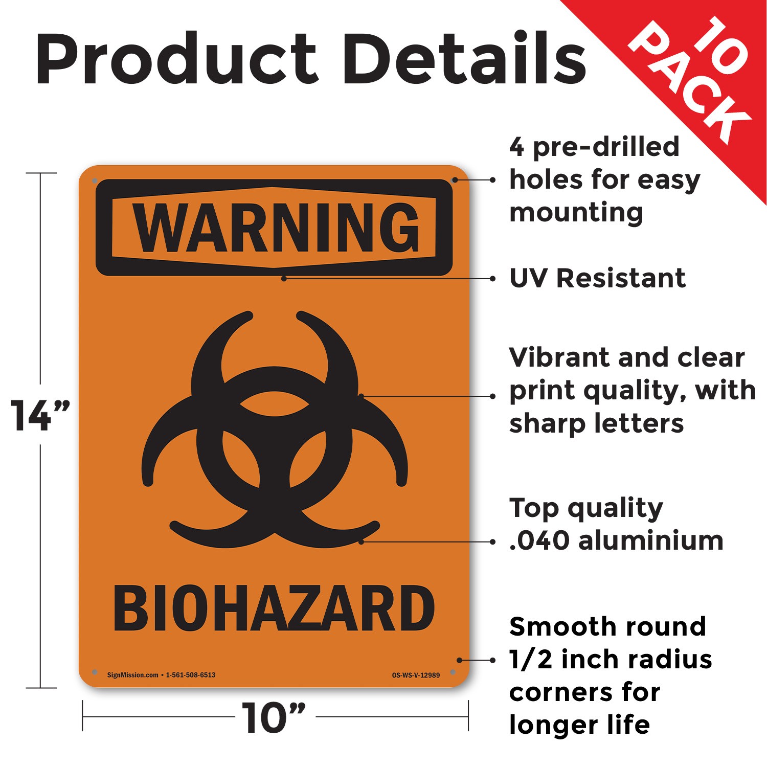 Biohazard With Symbol OSHA WARNING Sign Metal, Plastic, Or Decal – 5 or 10 Pack