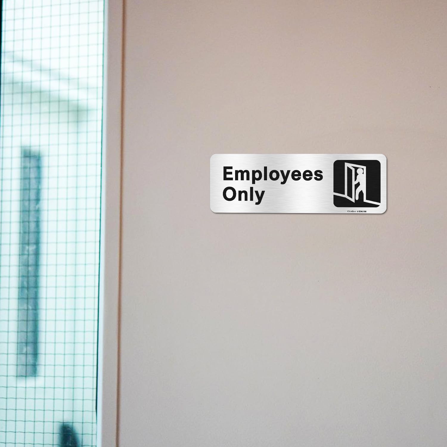 Employees Only Sign,9 X 3 Inches Information Sign with Symbols,Brushed Aluminum