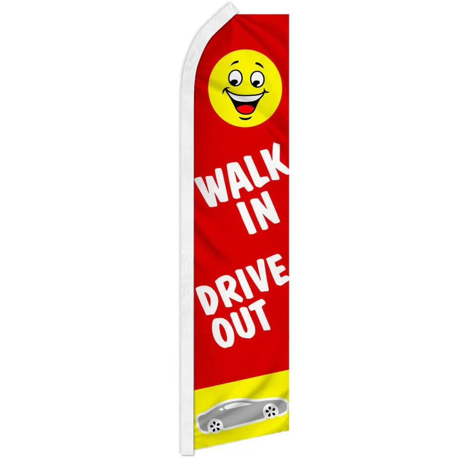 Walk In Drive Out Red Swooper Flutter Feather Advertising Auto Dealership Flag