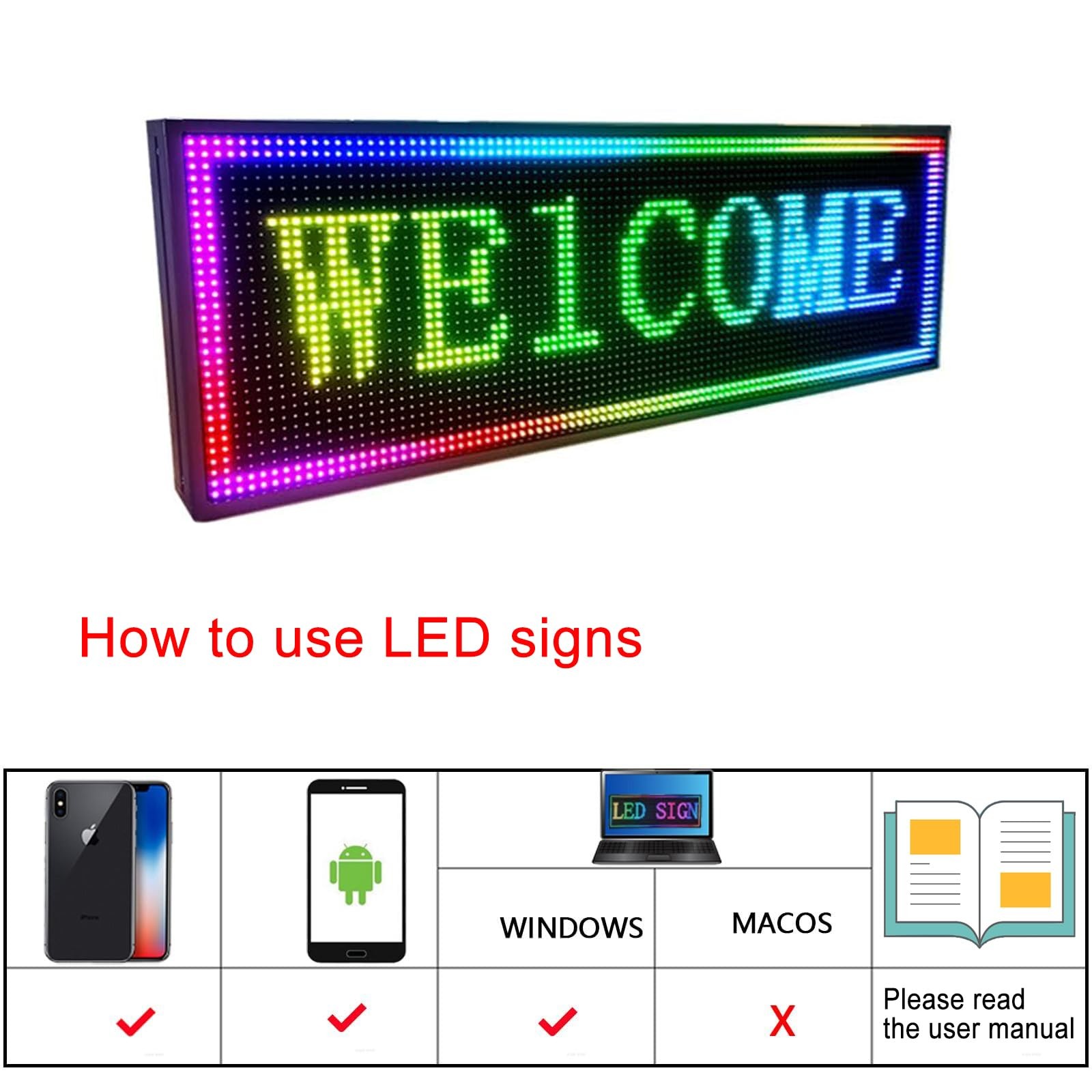 P10 Programmable Indoor/Outdoor LED Sign, 39×14 Inch WiFi-Controlled Full