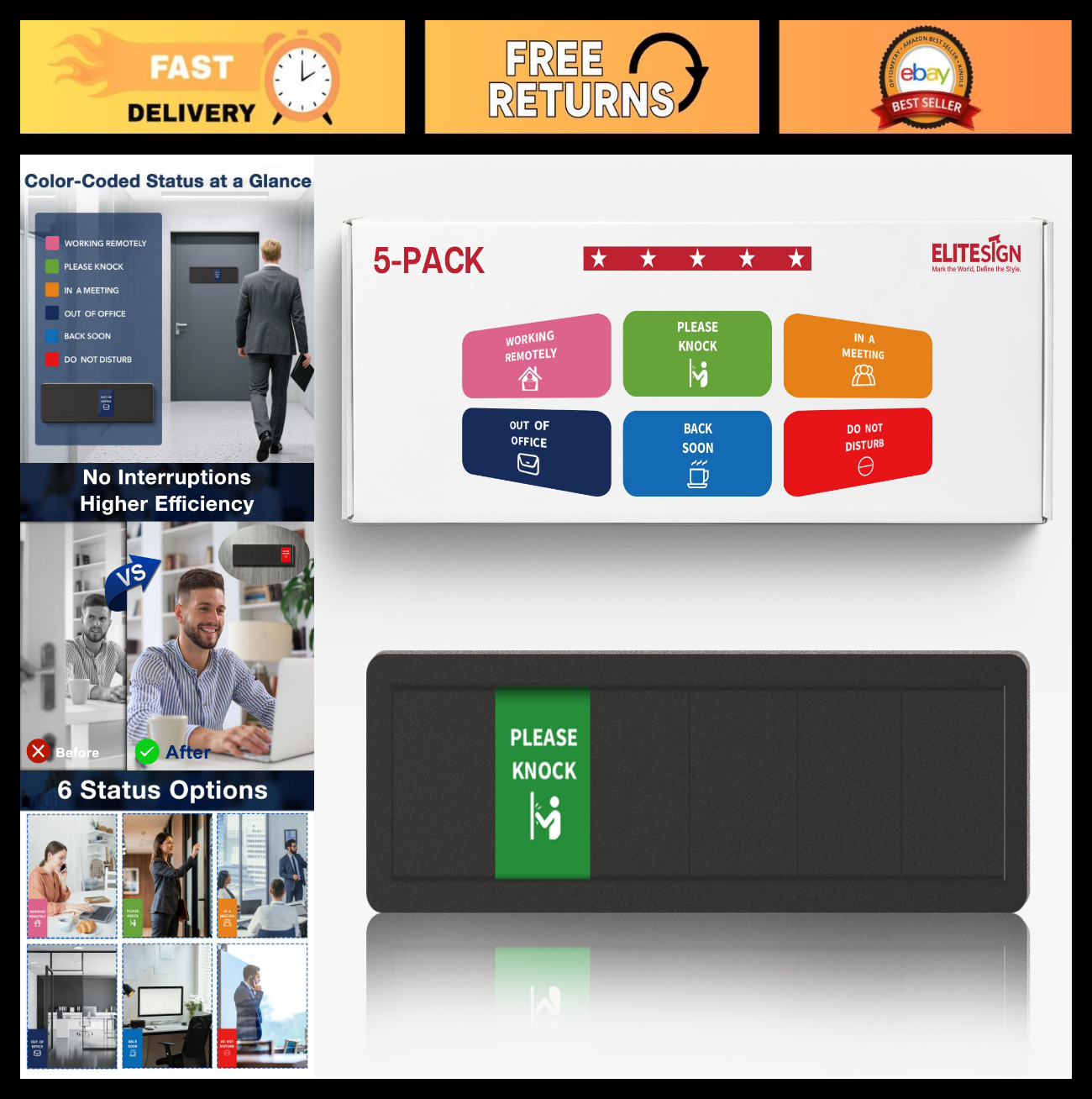 5 Pack Office Door Signs – Do Not Disturb, In Meeting, Out of Office, Privacy Ic