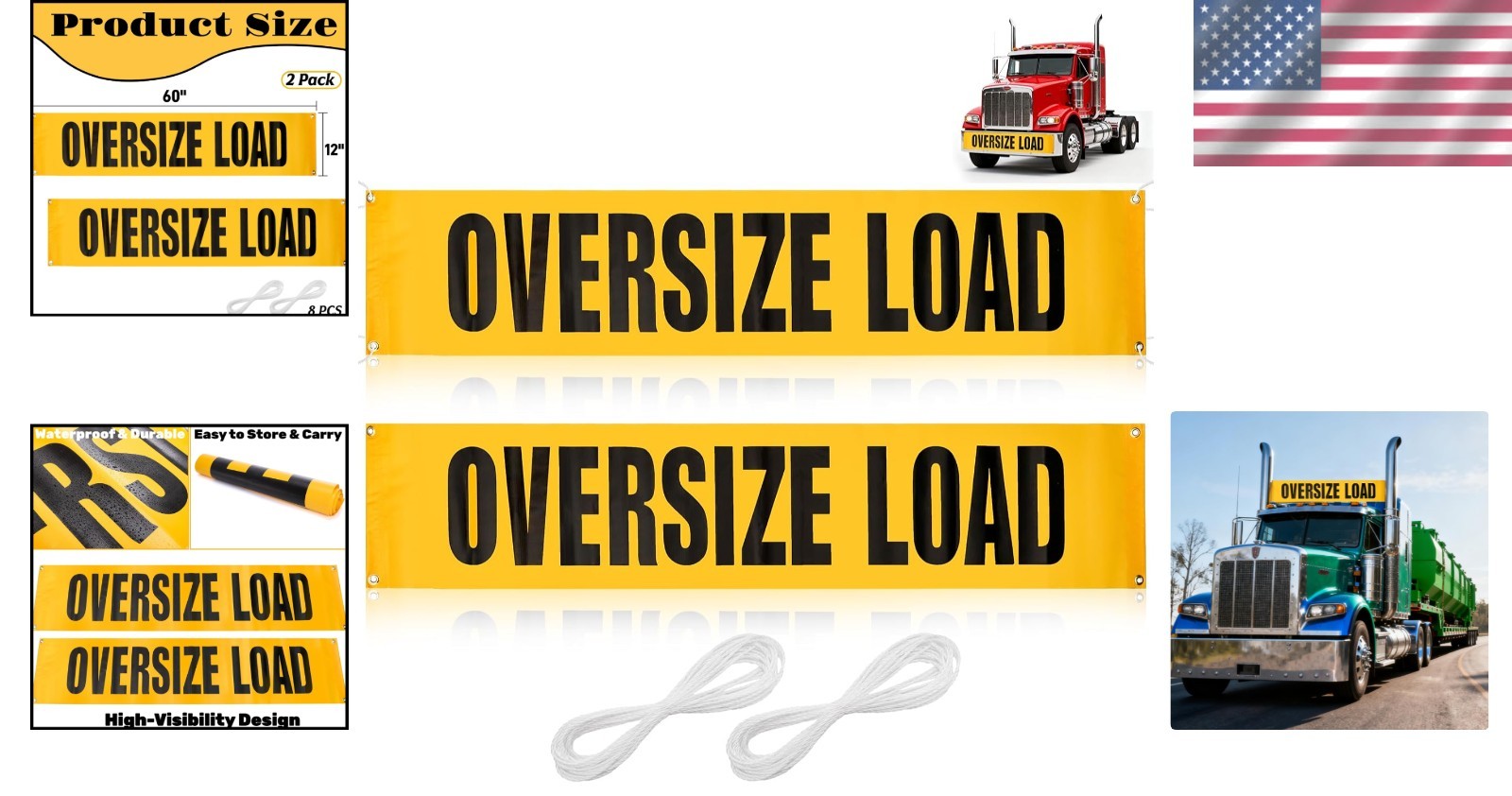 Oversize Load Sign Set for Trucks, 12×60 Inch Safety Mesh Banner, Yellow/Black