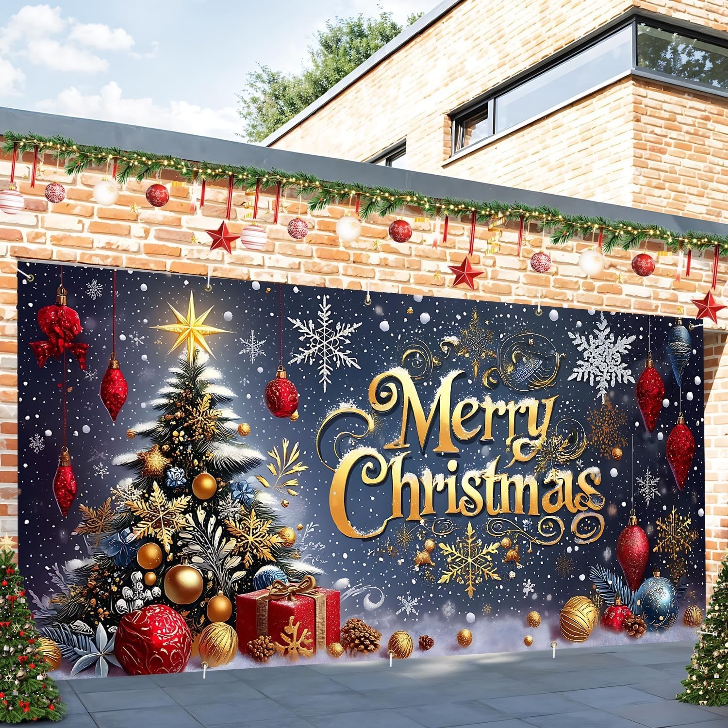 Luxury 13×6 ft Garage Door Banner – Gold Text, Snow Scene, Trees – Party Decor