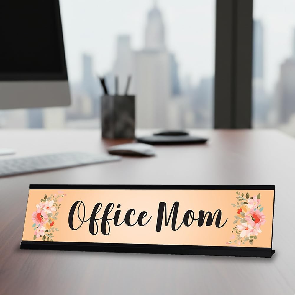 Office Mom, Orange Floral Designer Office Gift Desk Sign (2 x 8″)
