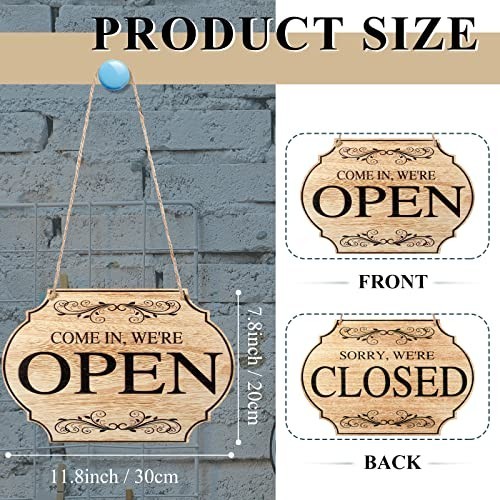 Double Sided Wooden Open Closed Business Sign with Rope for Shop Door Window