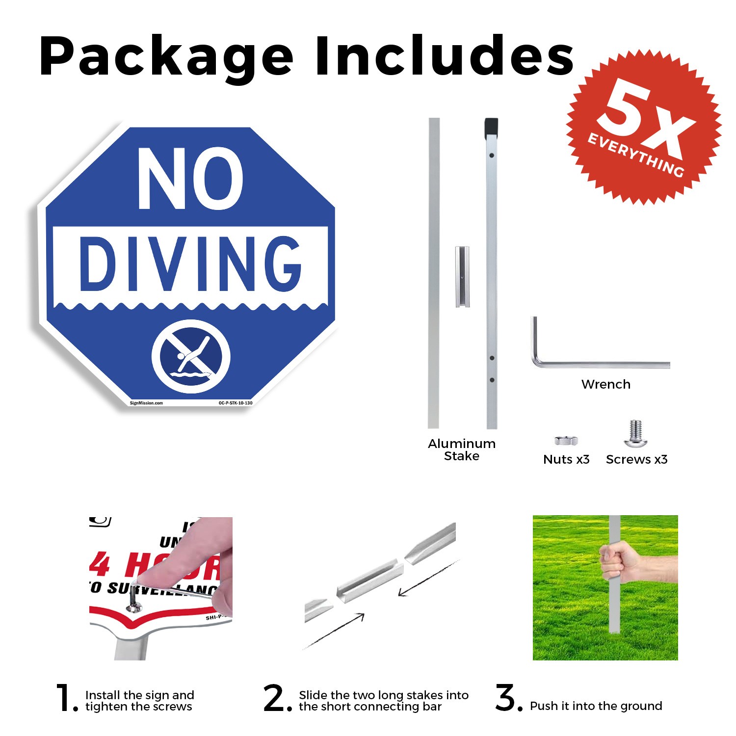 No Diving Octagon Sign With Stake Weather Resistant UV Protected Made in the USA