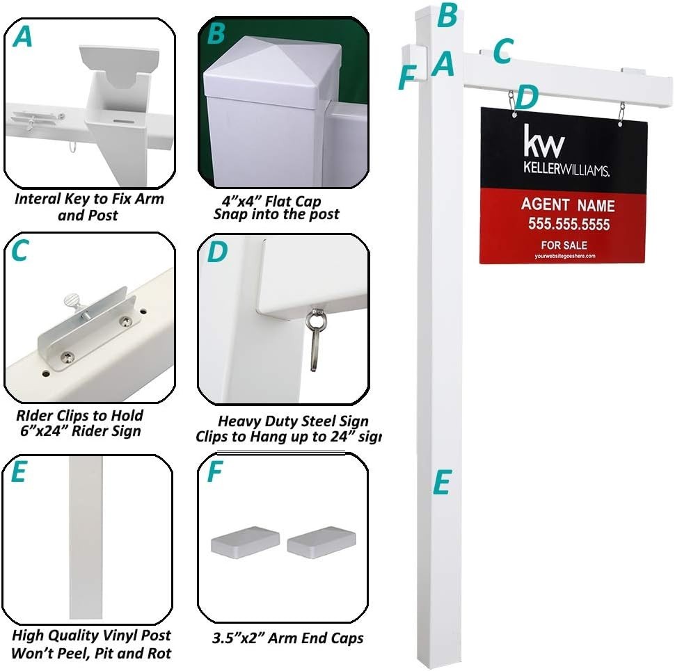 White Vinyl PVC Real Estate Sign Post 6ft, Realtor Yard Sign Holder, Open House