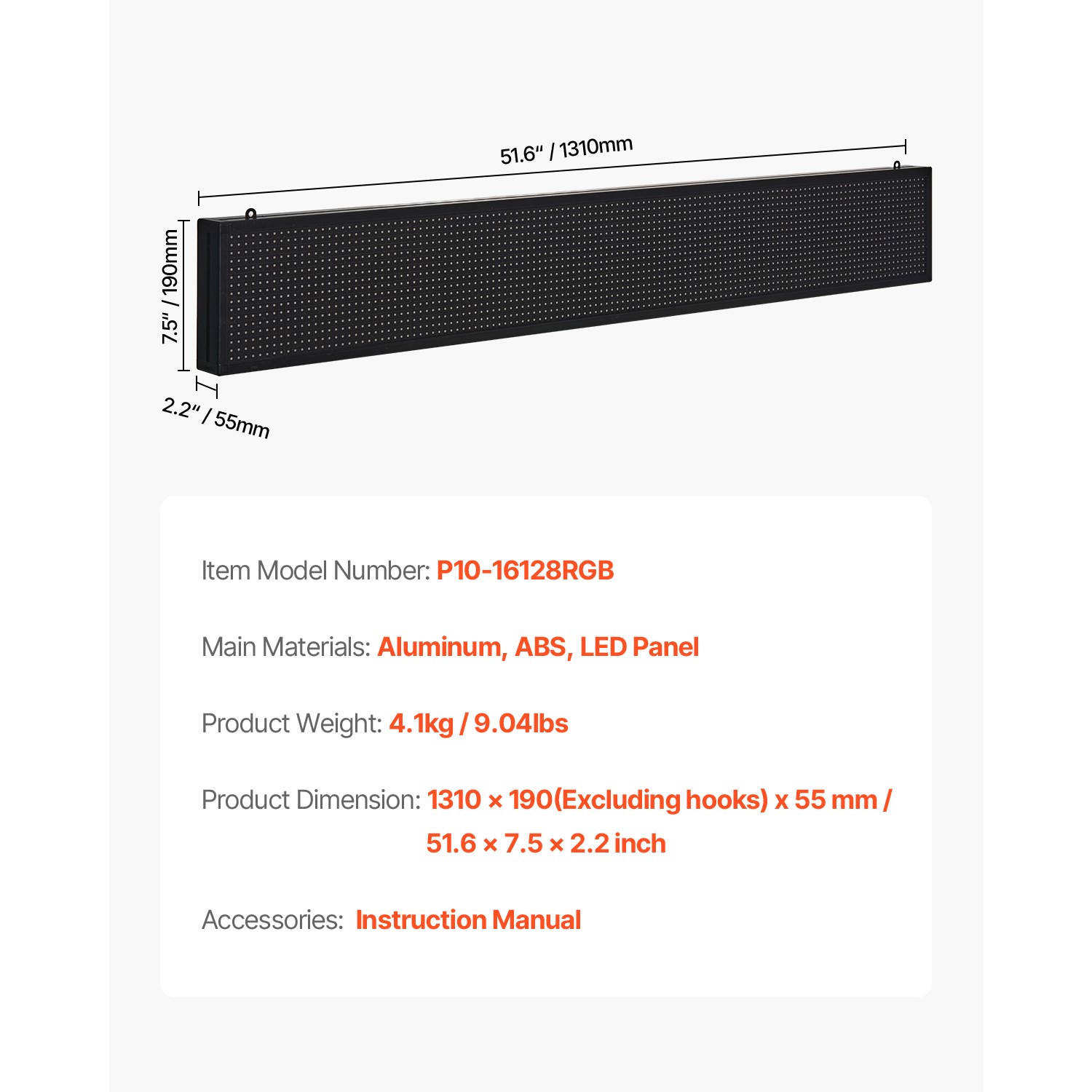 52×8 in Programmable LED Sign Digital Scrolling Display Board P10 Full-color