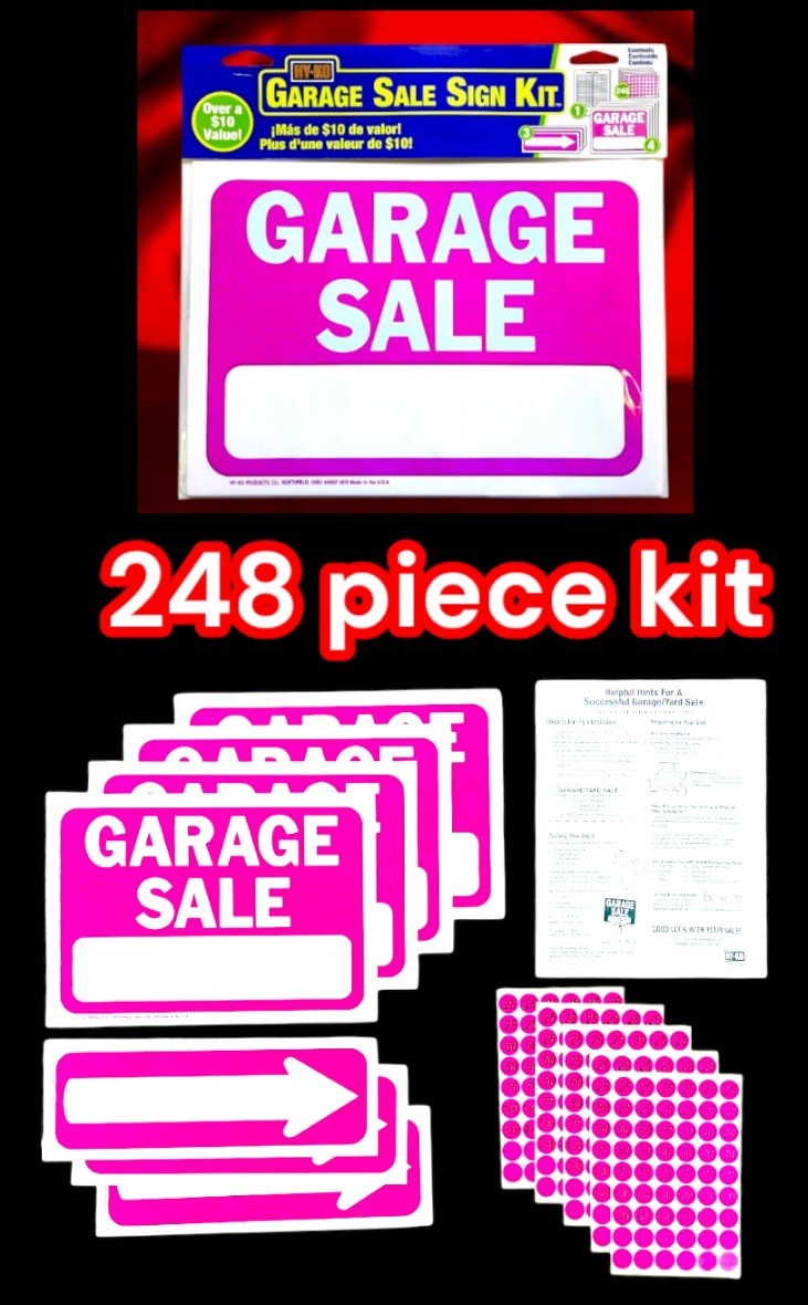 Garage Sale Kit: 4 Signs 8.5”x 12”,3 arrows, 240 Price Labels,Sales Record sheet