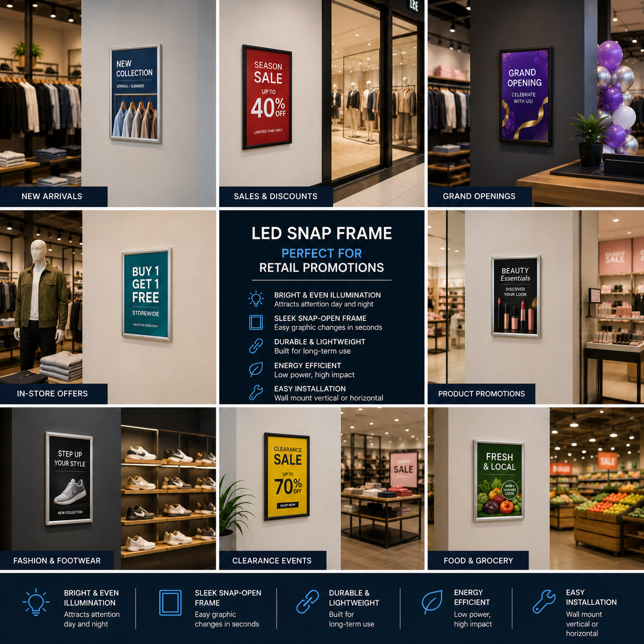 LED Poster Frame for Retail Promotions, Modern Lighted Display