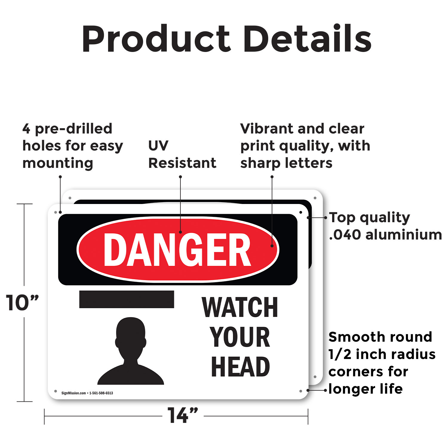 (2 Pack) Watch Your Head OSHA Danger Sign Decal Metal Plastic