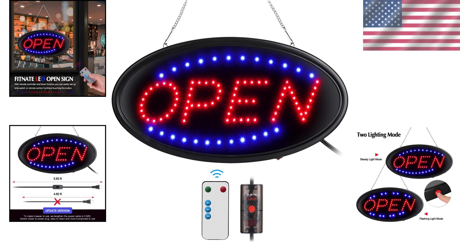 LED Open Sign for Restaurants, Bars, and Cafes – Remote Controlled 19×10