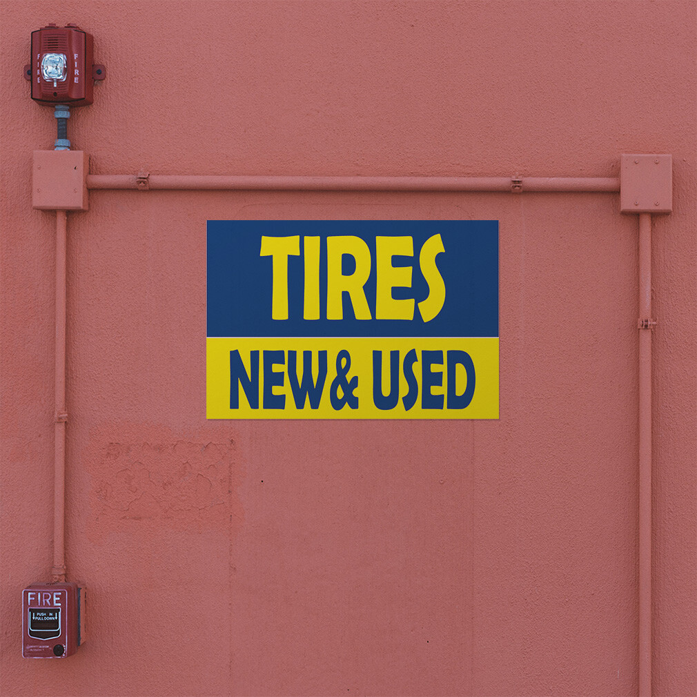 Decal Stickers Tires New and Used Yellow Blue Vinyl Store Sign Label Automotive