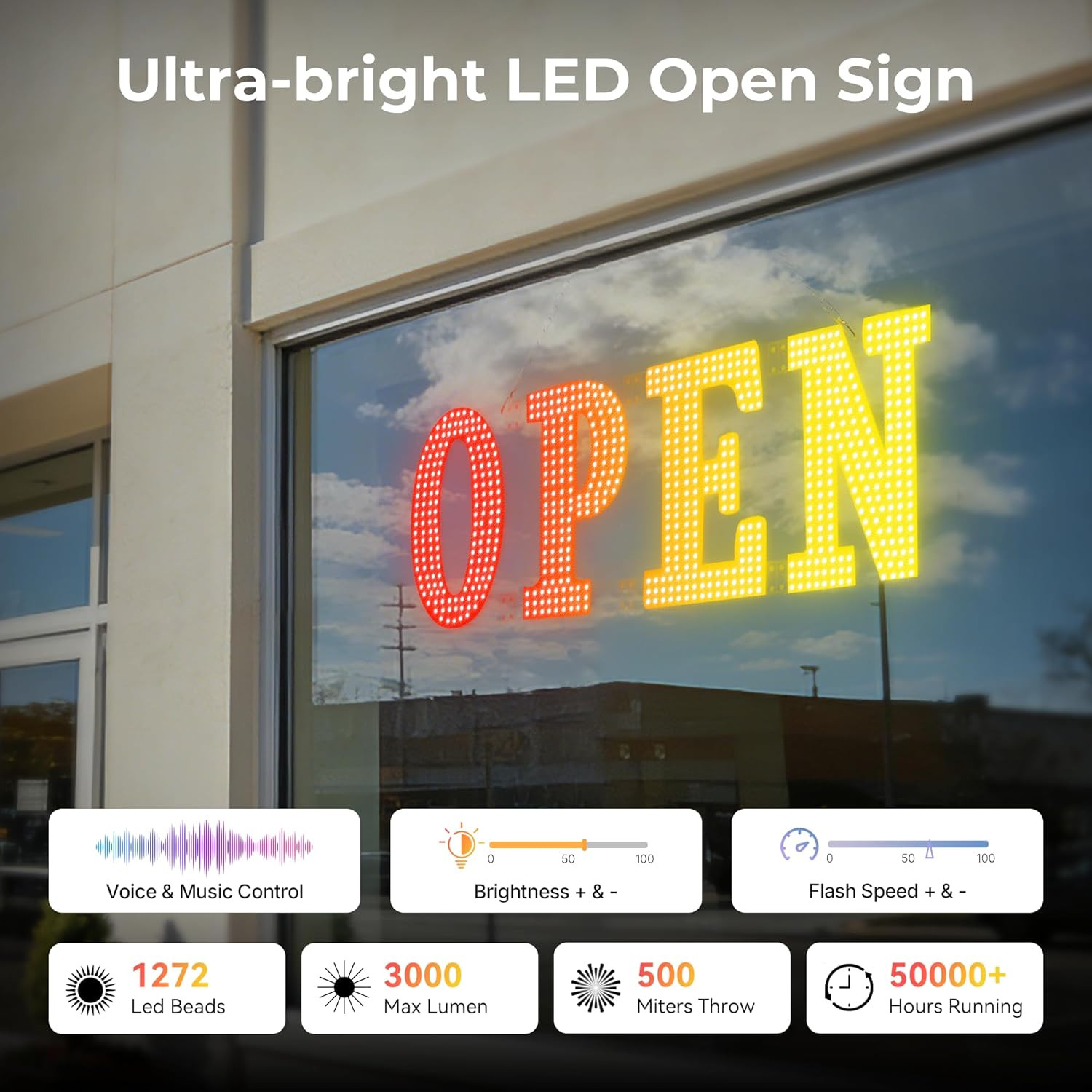 Large 48″ LED Open Sign with Remote, Timer & Custom Colors for Businesses