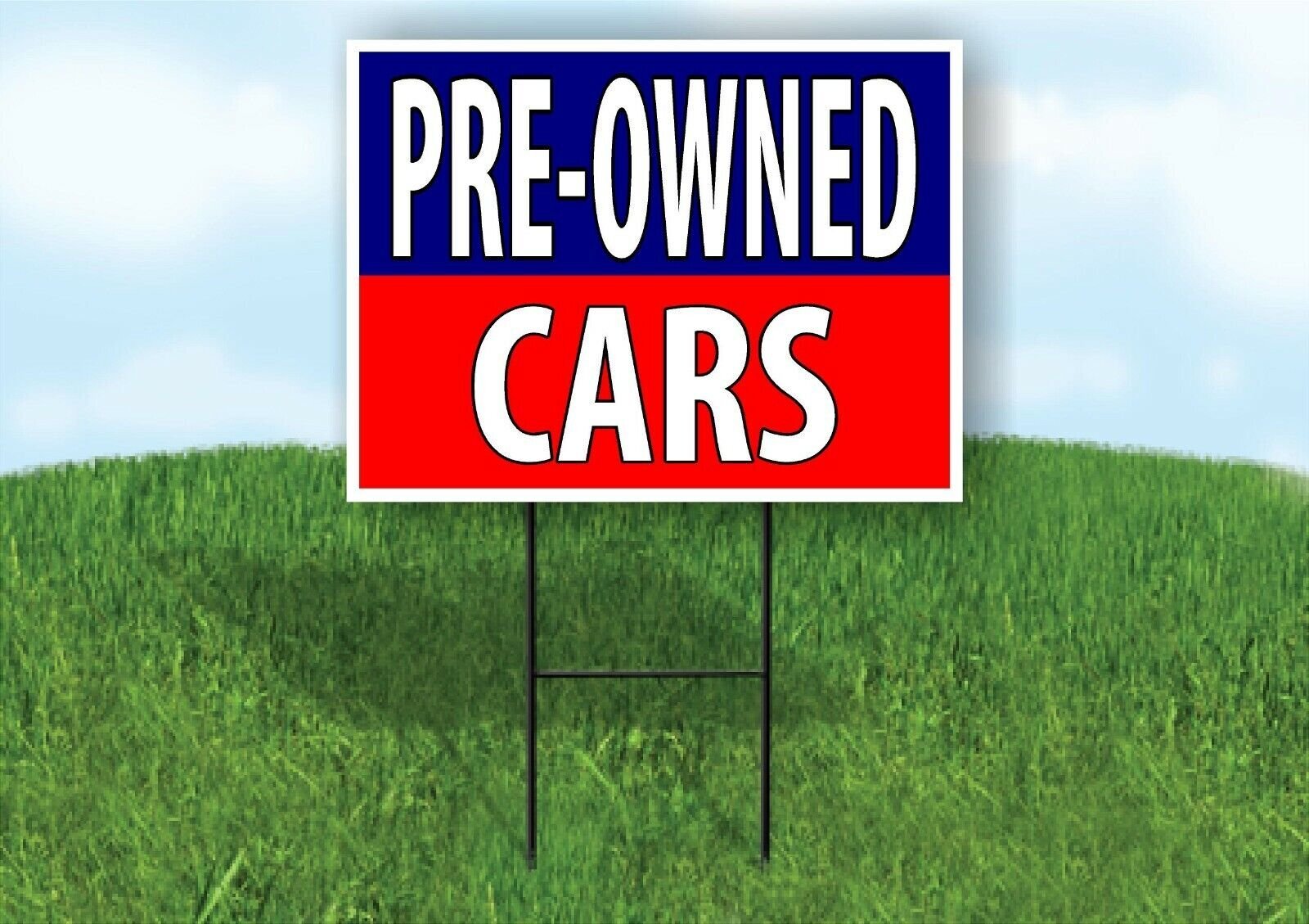 PREOWNED CARS BLUE RED Yard Sign with Stand LAWN SIGN