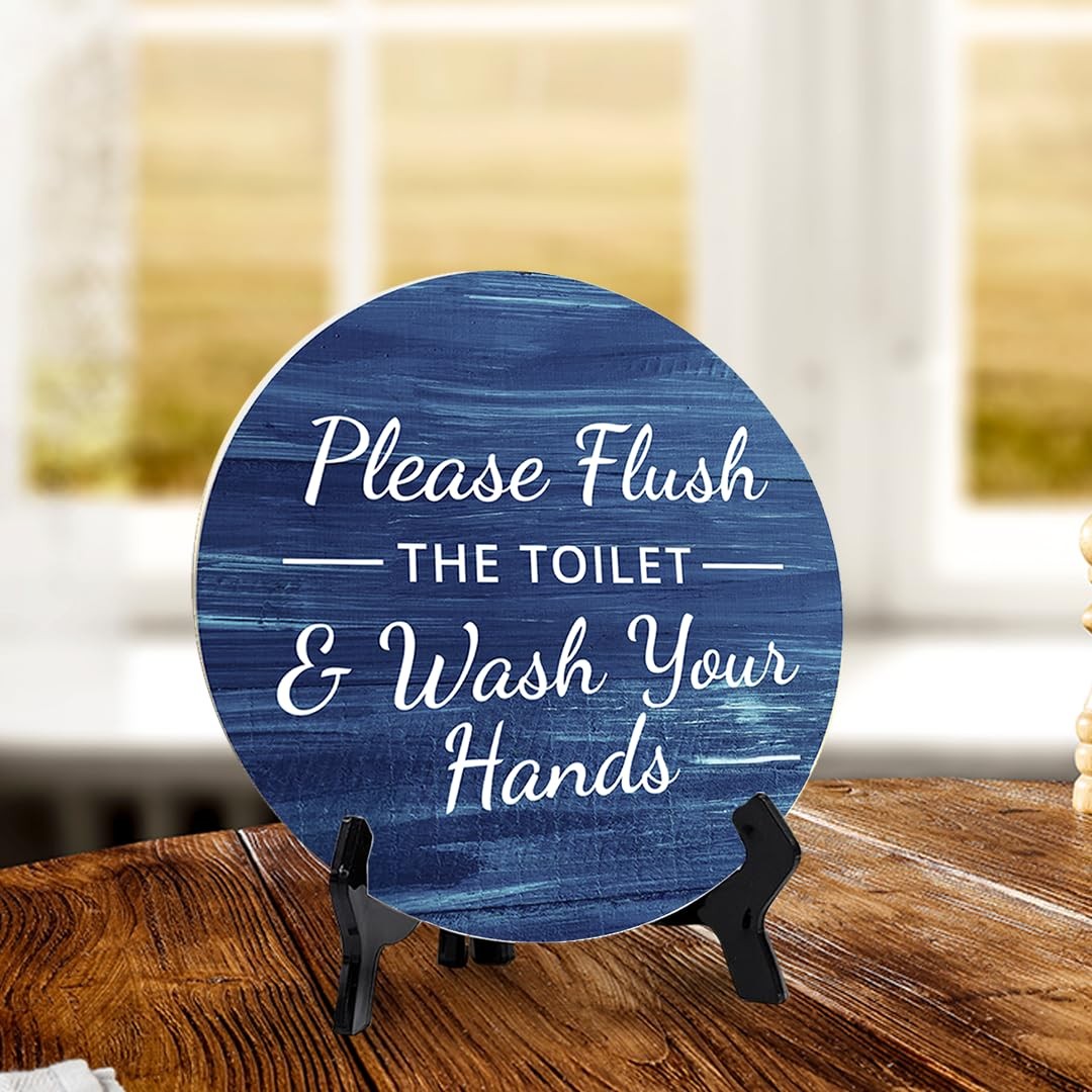5×5 Inch Round Blue Wood Flush Toilet Wash Hands Bathroom Sign Acrylic Easel