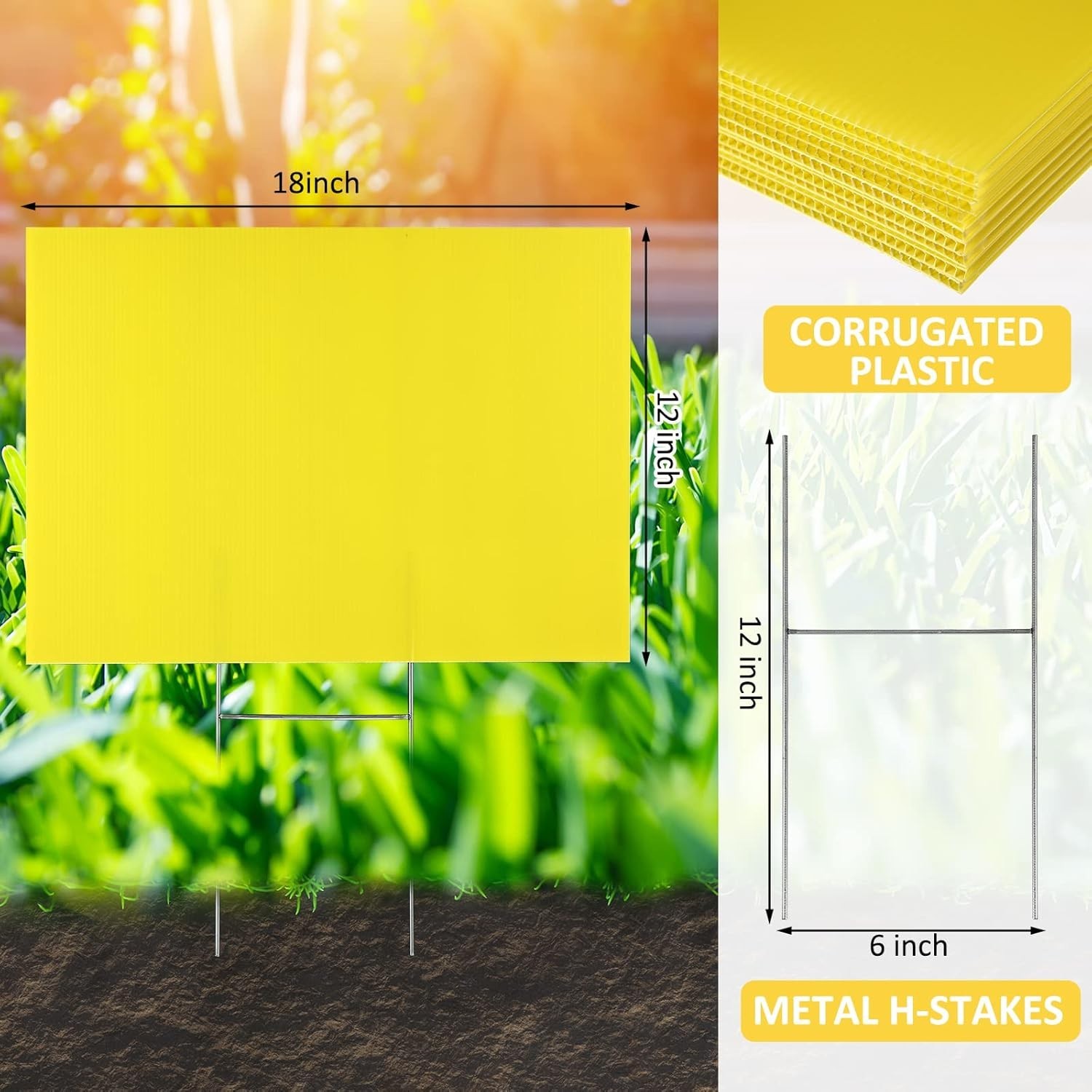 24 Blank Yard Signs with H Stakes – 12×18″ Waterproof Custom Plastic – Yellow