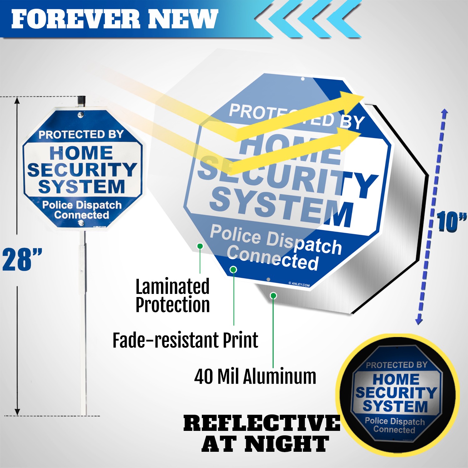 Anley Aluminum Protected By Home Security System Yard Sign 10×10 & Ground Stake