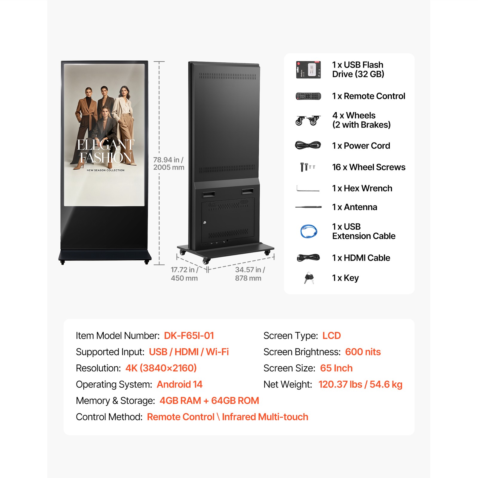 Uimoso 65 in Indoor Digital Signage Floor Stand with 4K Display
