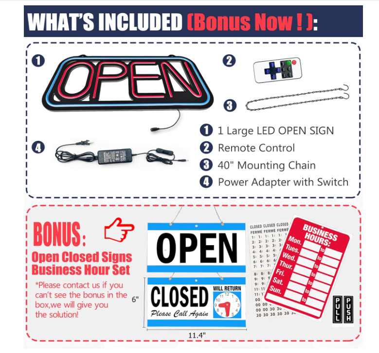 Bright LED Open Sign for Business – 32×16 Inch with Remote & Flashing Mode