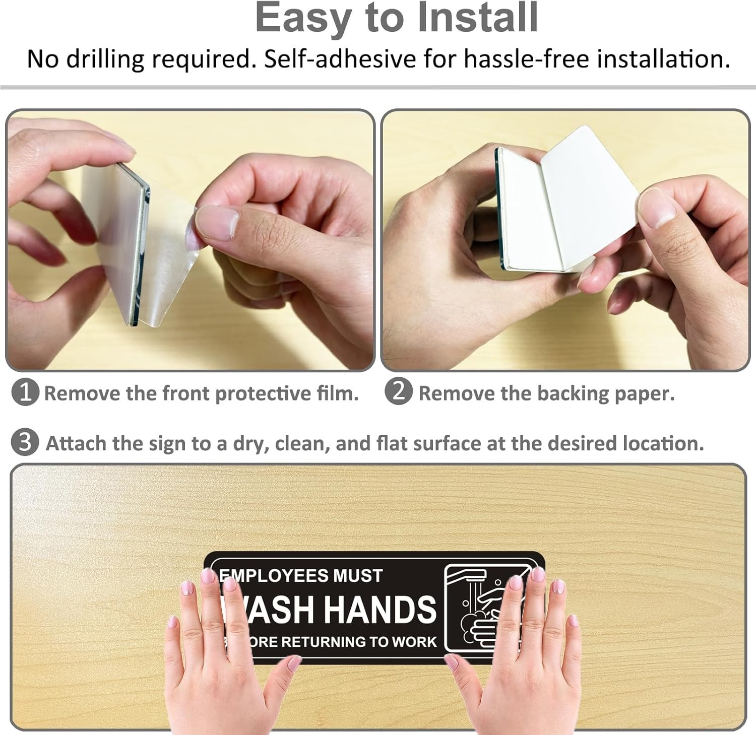 4 Pack Self-adhesive , 9″ x 3″ Durable Acrylic Hand Washing Signs with Symbo…