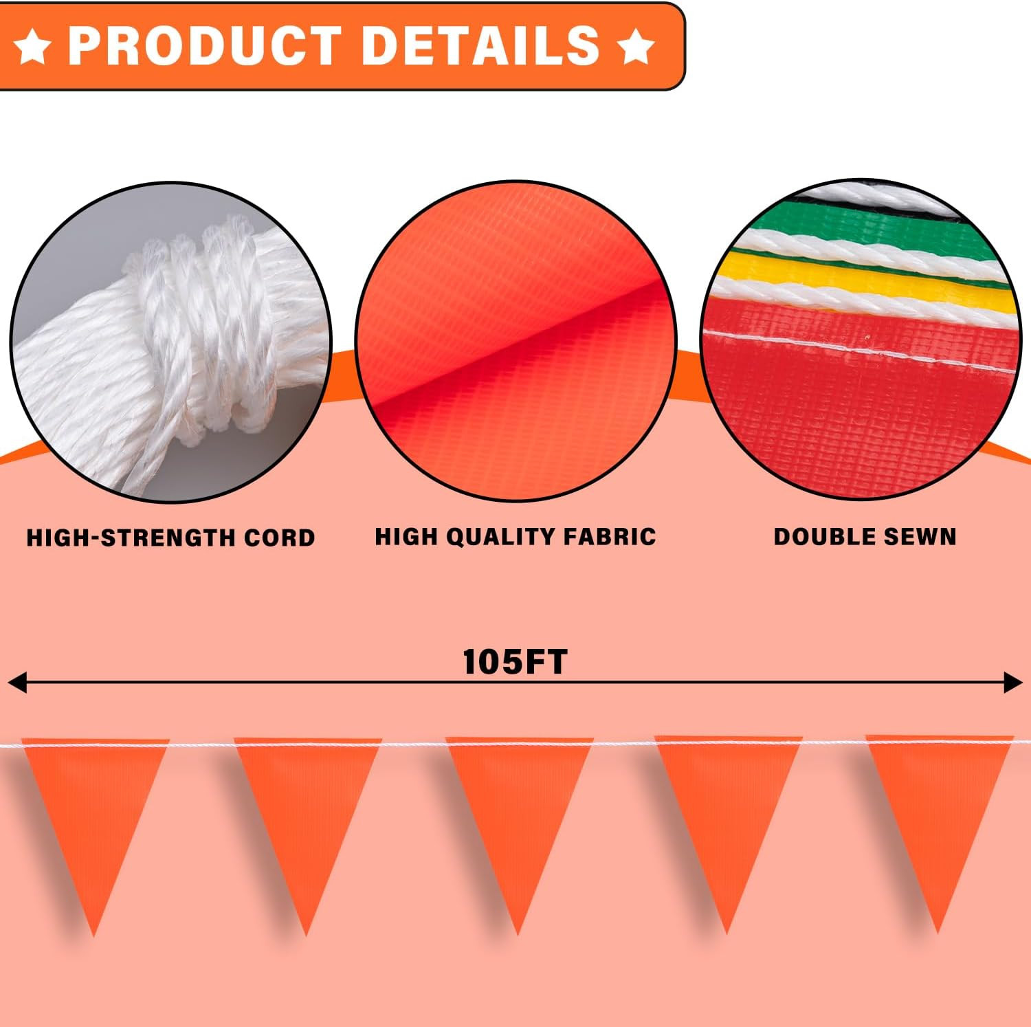 105Ft Pennant Banner Flags, 7X10 Orange 45 Pcs High Visibility Safety Flagging