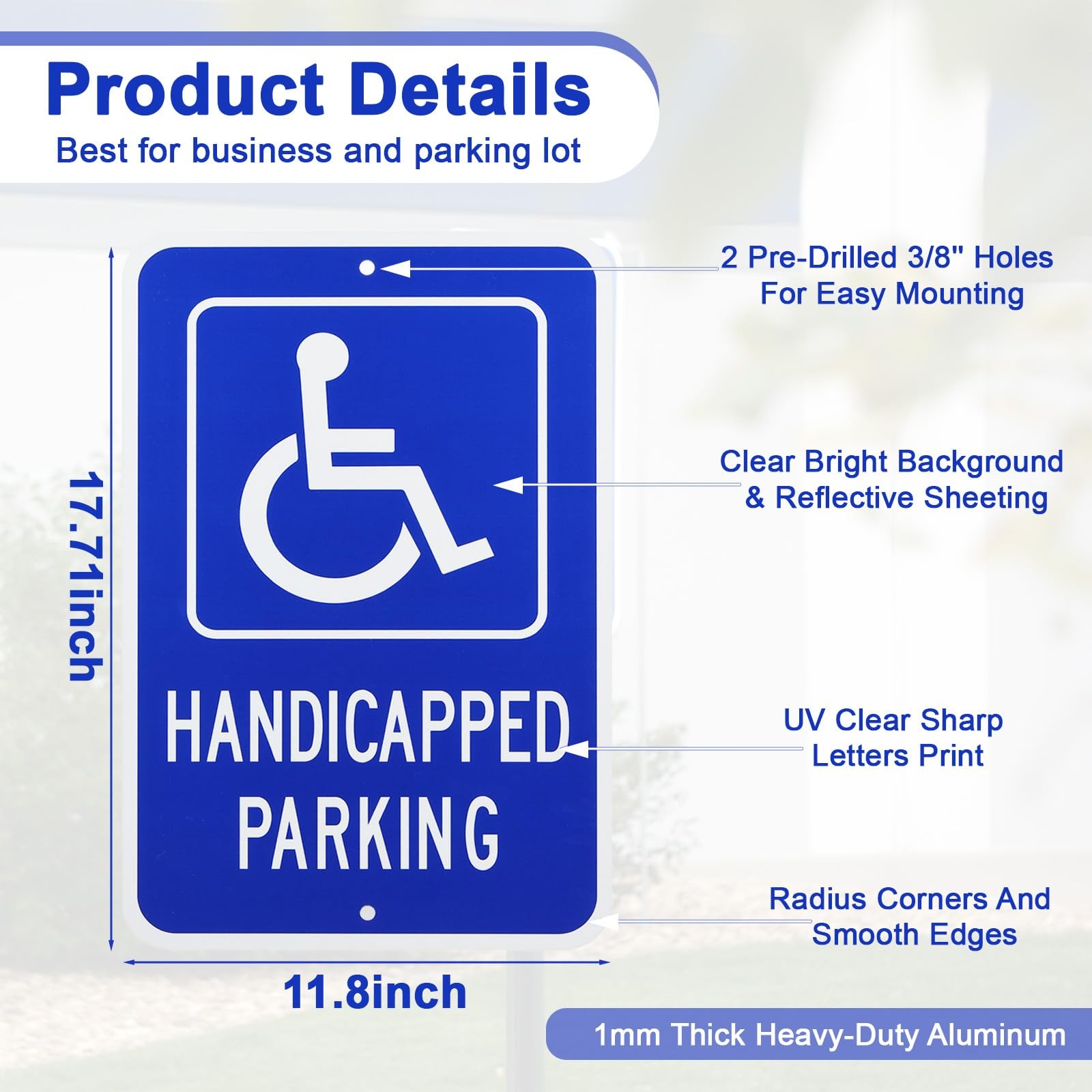 4 PCS Handicap Parking Sign 18×12 Inch 1mm Aluminum Reflective Blue